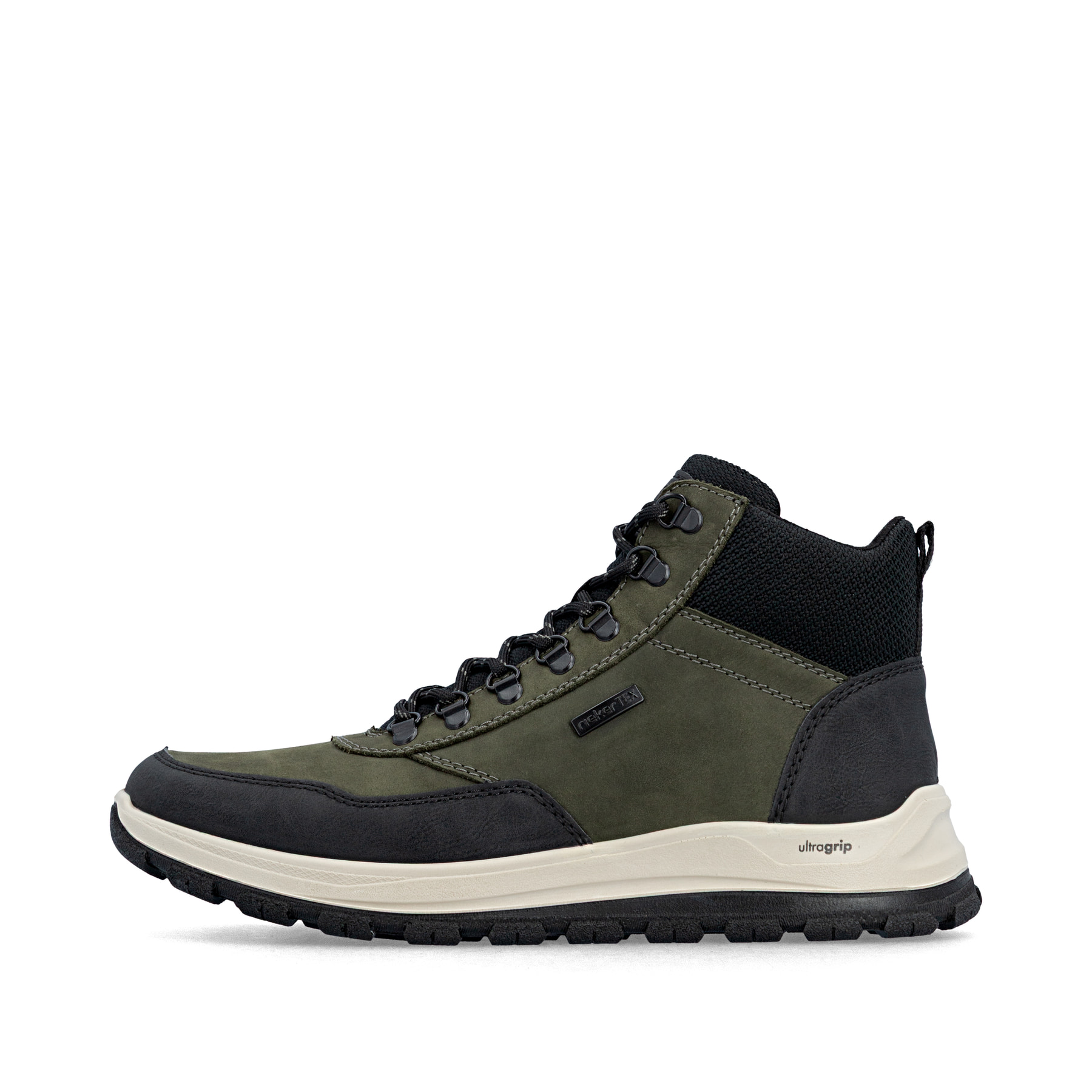 Dunkelgrün-schwarze Rieker Herren Schnürstiefel B8124-54 mit Reißverschluss. Schuh Außenseite.