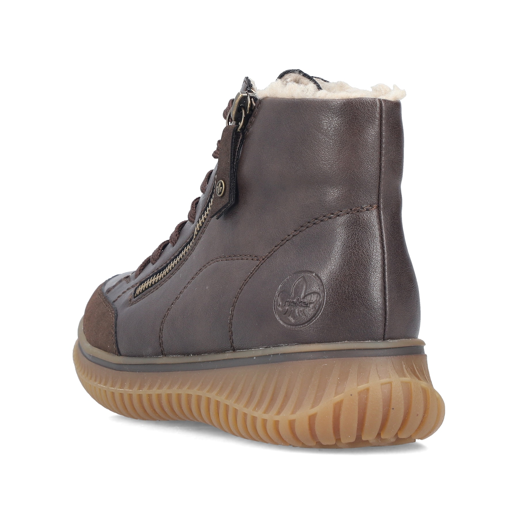 Dunkelbraune Rieker Damen Schnürstiefel 74234-25 mit modernen Ziernähten. Schuh von hinten.