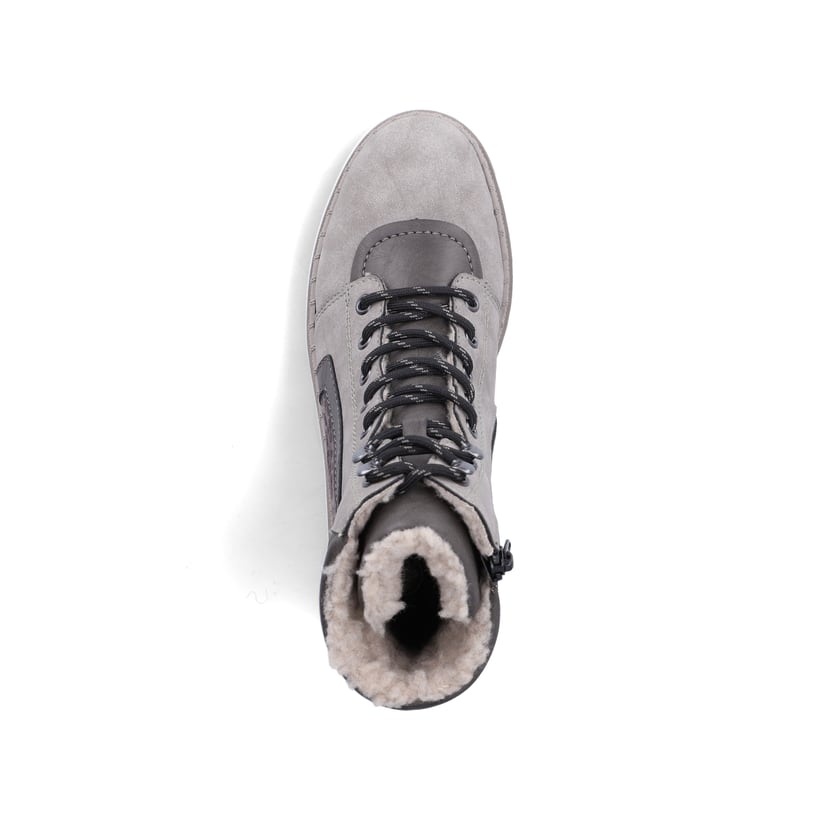 Graue Rieker Damen Schnürstiefel Z8904-40 mit einem Reißverschluss. Schuh von oben.