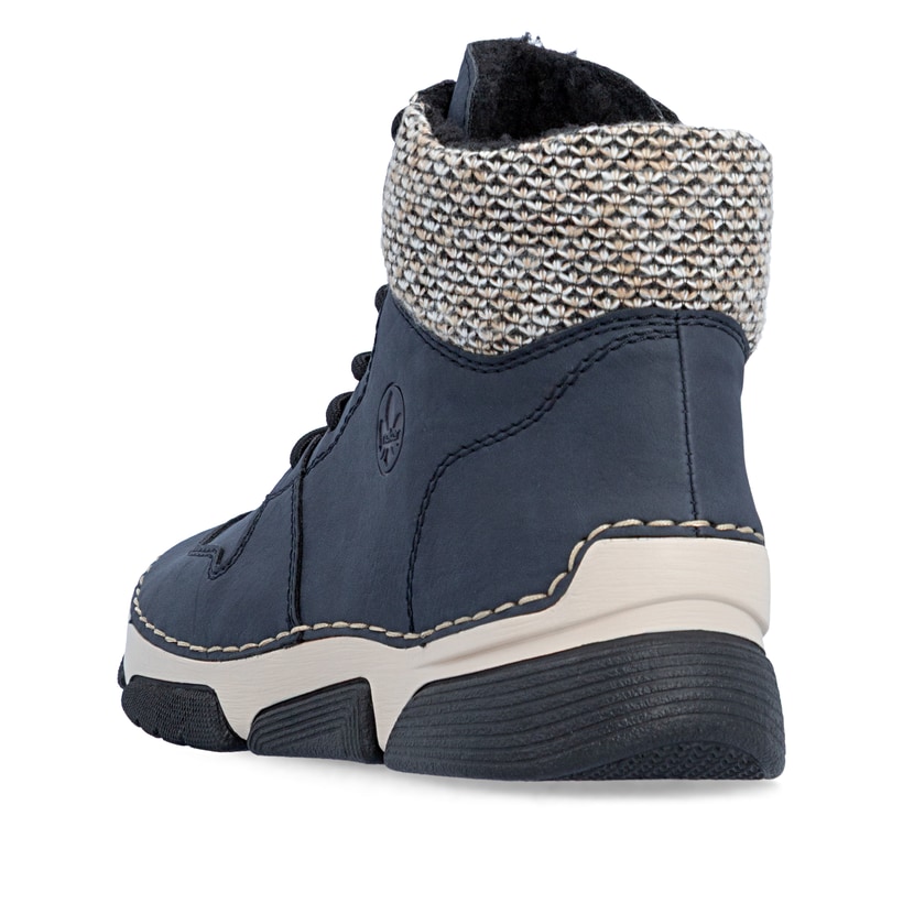 Dunkelblaue Rieker Damen Schnürstiefel 45955-15 mit Strick-Kragen. Schuh von hinten.