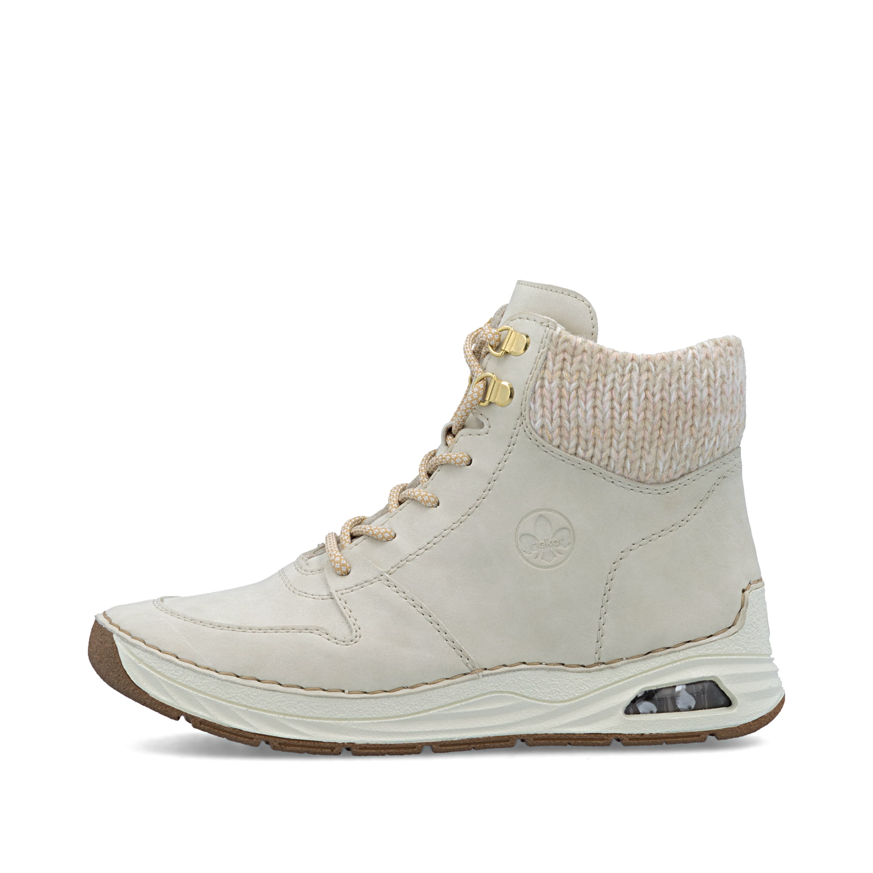 Hellbeige Rieker Damen Schnürstiefel 44555-60 mit Rieker Air Sohlenfenster. Schuh Außenseite.