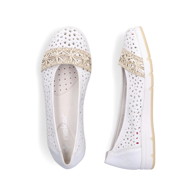 Ballerines Rieker blanches pour femme L3062-80 avec éléments décoratifs. Chaussure vue de dessus, couchée.
