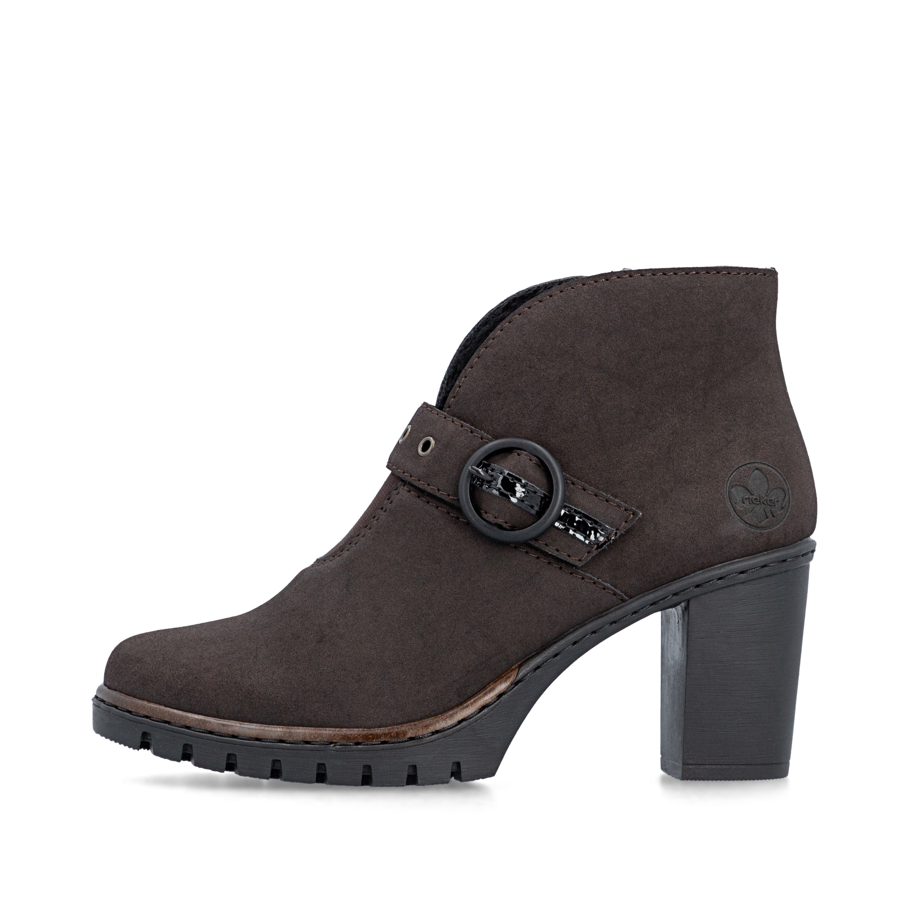 Dunkelbraune Rieker Damen Stiefeletten Y2586-25 mit einem Reißverschluss. Schuh Außenseite.