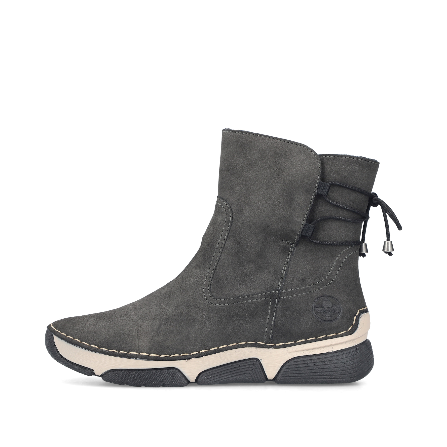 Dunkelgraue Rieker Damen Kurzstiefel 45990-45 mit einem Reißverschluss. Schuh Außenseite.