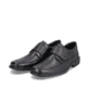 Schwarze Rieker Herren Slipper B0853-00 mit Klettverschluss sowie Extraweite H. Schuhpaar seitlich schräg.