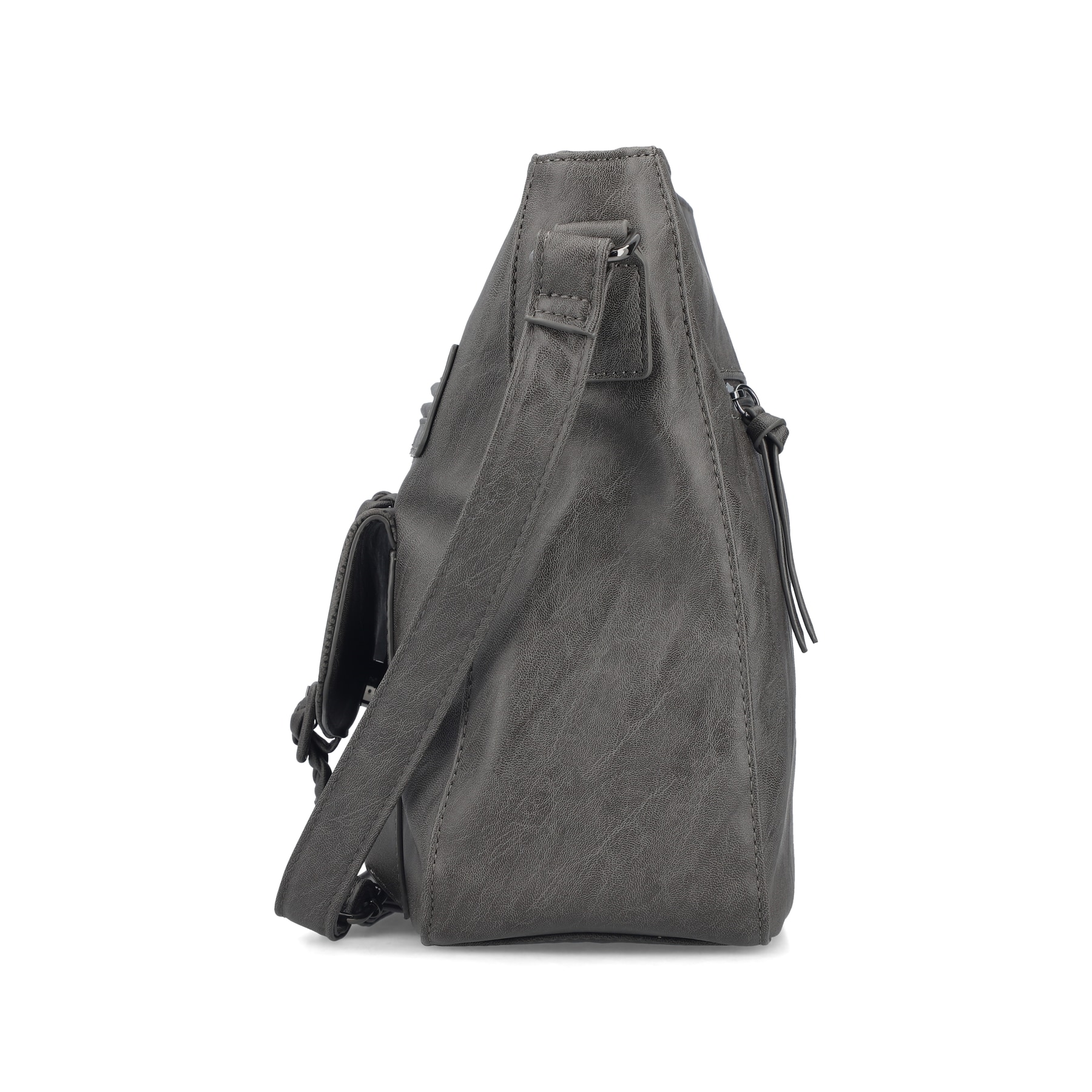 Sac Ã  main Rieker H1340-42 en gris avec sangle décorative tressée, fermeture éclair et poche pour téléphone portable. Porté.