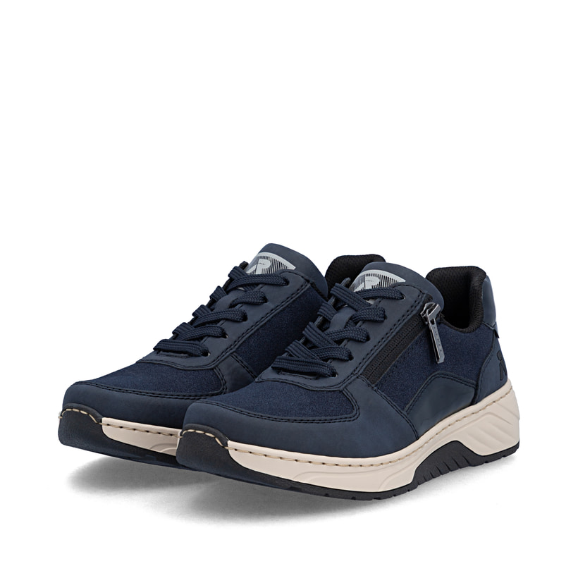 Dunkelblaue Rieker Damen Sneaker Low 53101-15 mit einem Reißverschluss. Schuhpaar seitlich schräg.