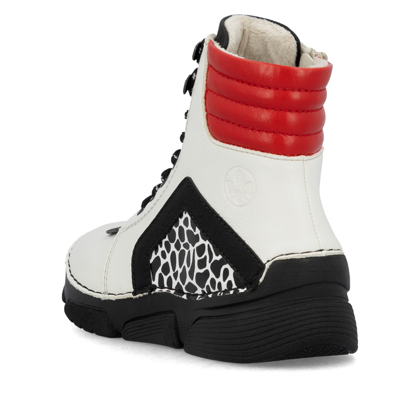 Weißschwarze Rieker Damen Schnürstiefel 45904-60 mit einem Reißverschluss. Schuh von hinten.