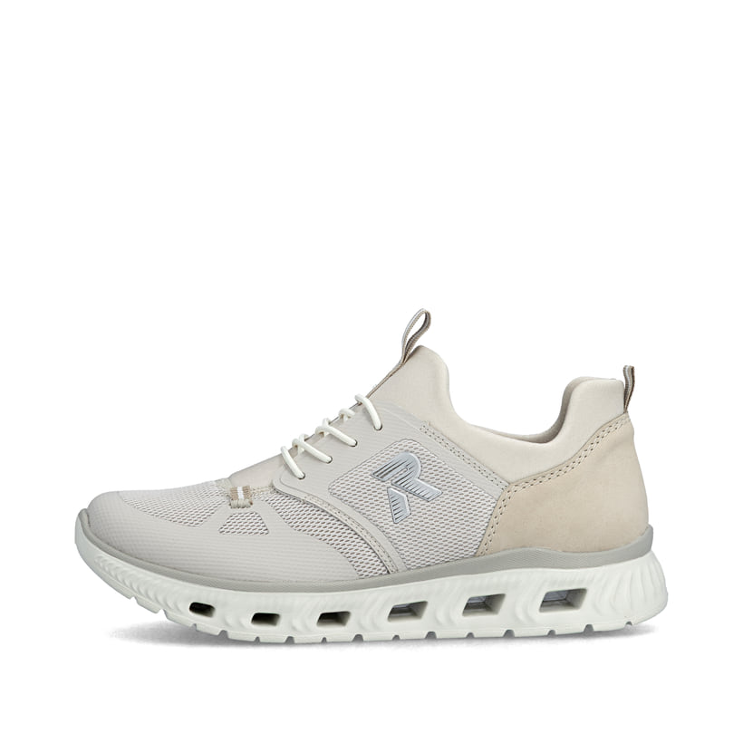 Mocassins Rieker beiges végan pour femmes M6078-60 avec bande élastique. Côté extérieur de la chaussure.
