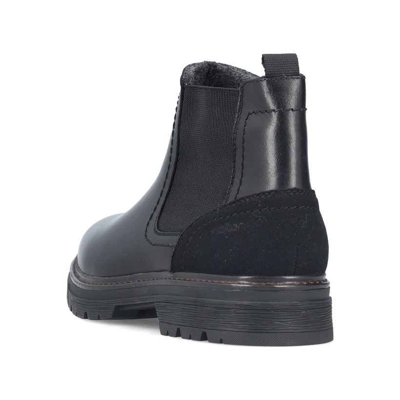 Schwarze Rieker Herren Chelsea Boots F2750-00 aus Glattleder mit Reißverschluss. Schuh von hinten.