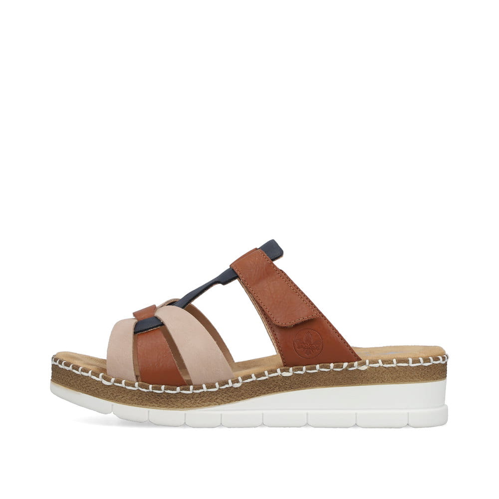Mehrfarbige Rieker Damen Pantoletten V1291-90 mit einem Klettverschluss. Schuh Außenseite.