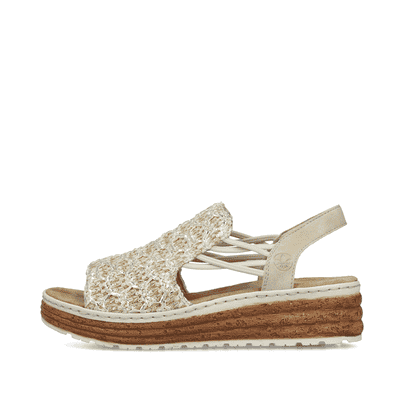 Beige Rieker Keilsandaletten 62741-60 mit einem Gummizug sowie der Extraweite H. Schuh Außenseite.