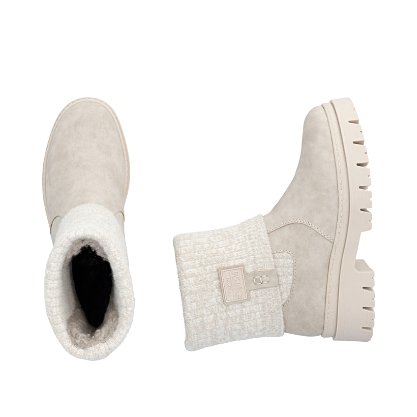 Taupefarbene Rieker Damen Kurzstiefel Z9450-60 mit umschlagbarem Schaft. Schuh von oben, liegend.