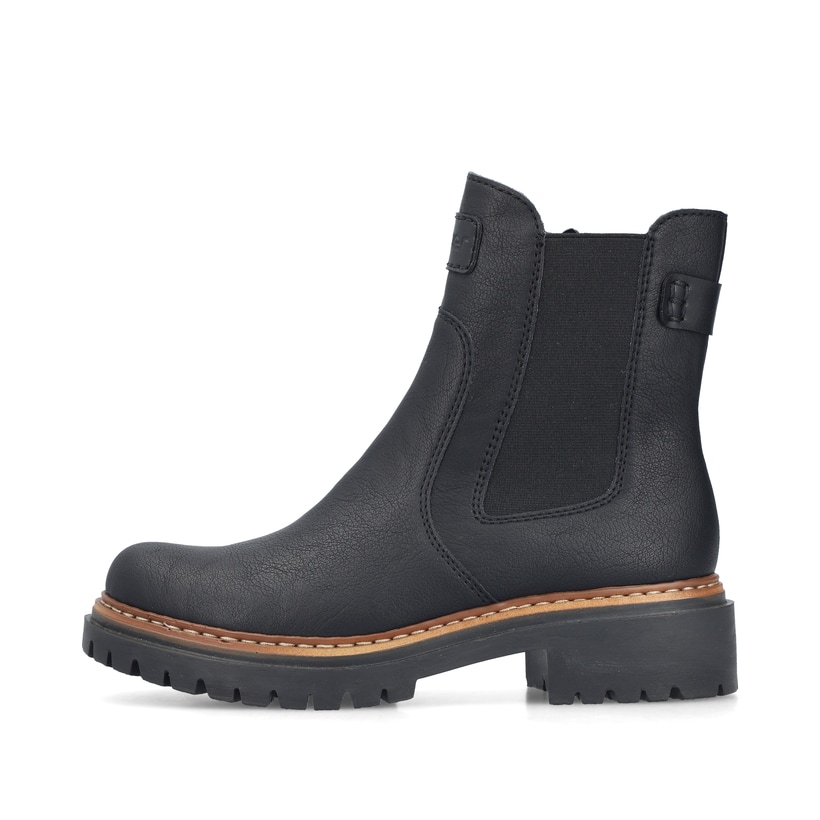Schwarze Rieker Damen Chelsea Boots 72660-00 mit einem Reißverschluss. Schuh Außenseite.