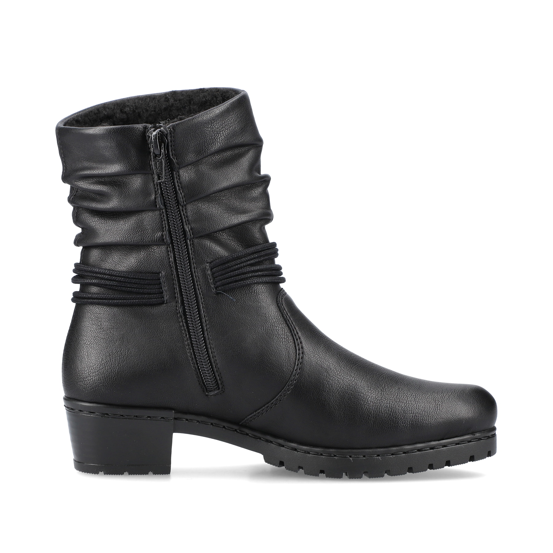 Tiefschwarze Rieker Damen Stiefeletten Y17R2-00 mit Reißverschluss sowie Blockabsatz. Schuh Innenseite
