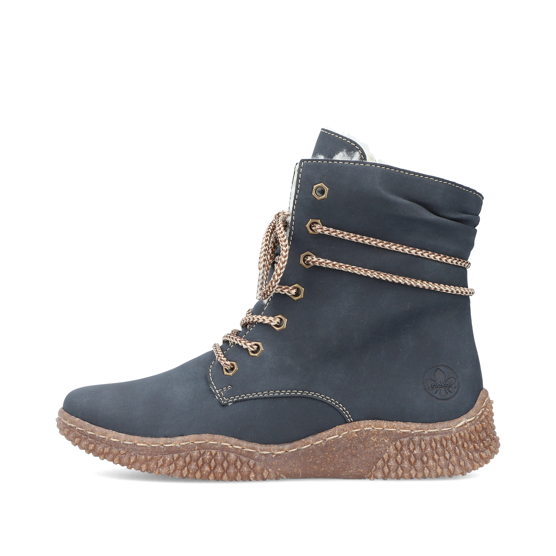 Royalblaue Rieker Damen Schnürstiefel Y8443-14 mit einer robusten Profilsohle. Schuh Außenseite