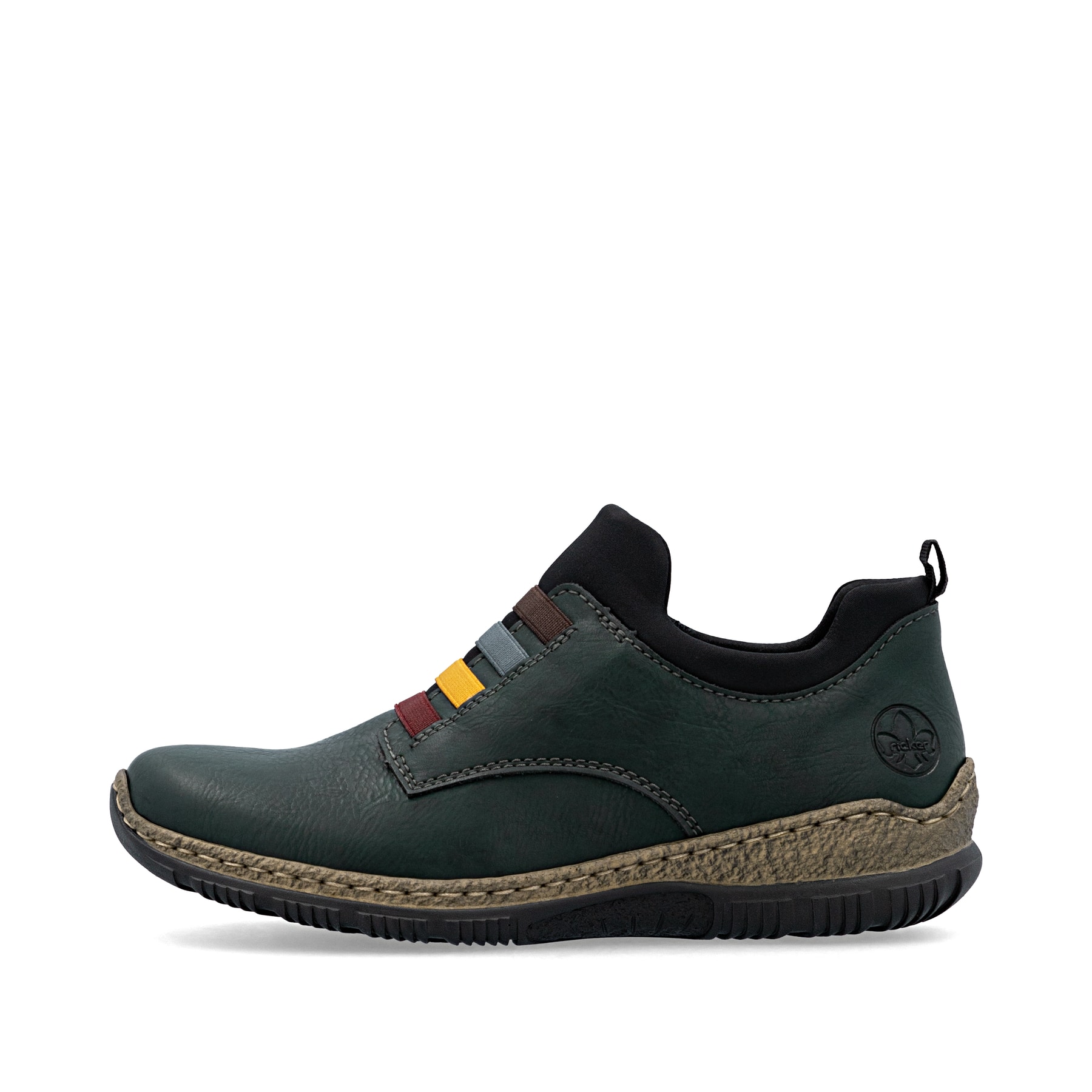 Dunkelgrüne Rieker Damen Kurzstiefel N32G7-54 mit einem Gummizug. Schuh Außenseite.