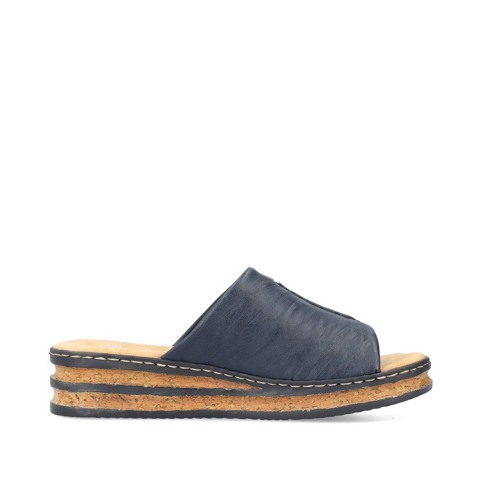 Blaue Rieker Damen Pantoletten 62905-14 mit moderner Spannnaht. Schuh Innenseite.