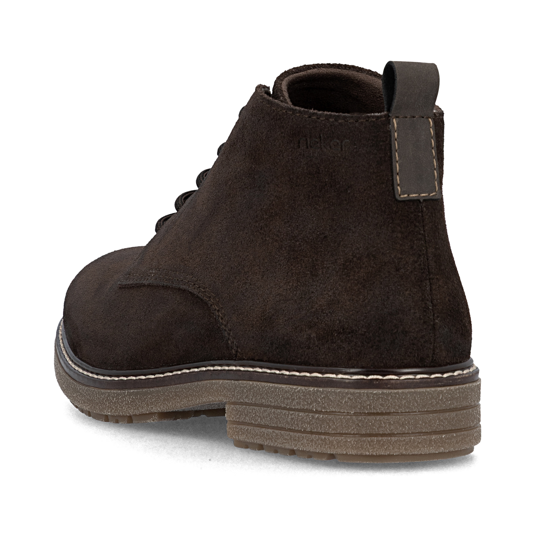 Dunkelbraune Rieker Herren Schnürstiefel 33106-25 aus Rauleder. Schuh von hinten.