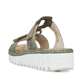 Grüne Rieker Damen Pantoletten V1396-52 mit einem Klettverschluss. Schuh von hinten.