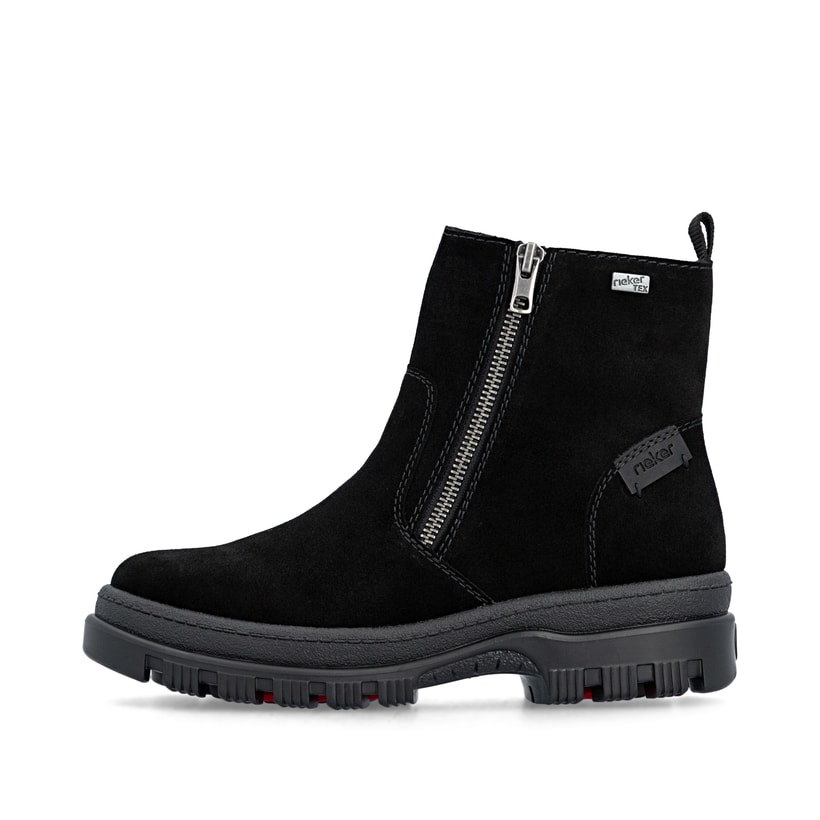 Schwarze Rieker Damen Kurzstiefel X8251-00 aus Rauleder mit Flip-Grip Sohle. Schuh Außenseite.