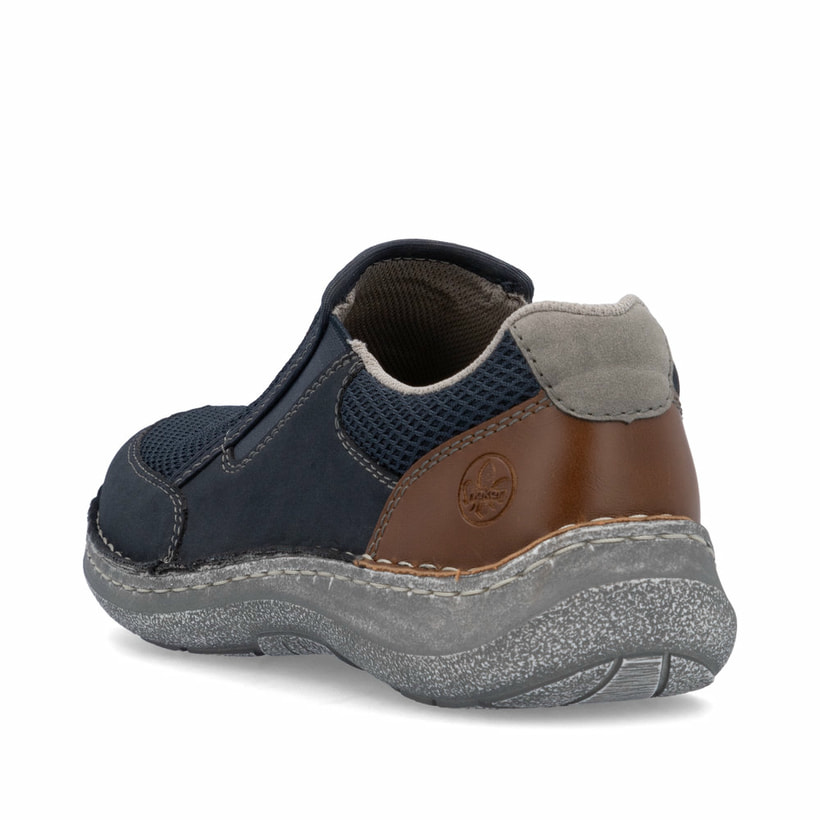 Blaue Rieker Herren Slipper 03053-14 mit einem Gummizug sowie der Extraweite H. Schuh von hinten.