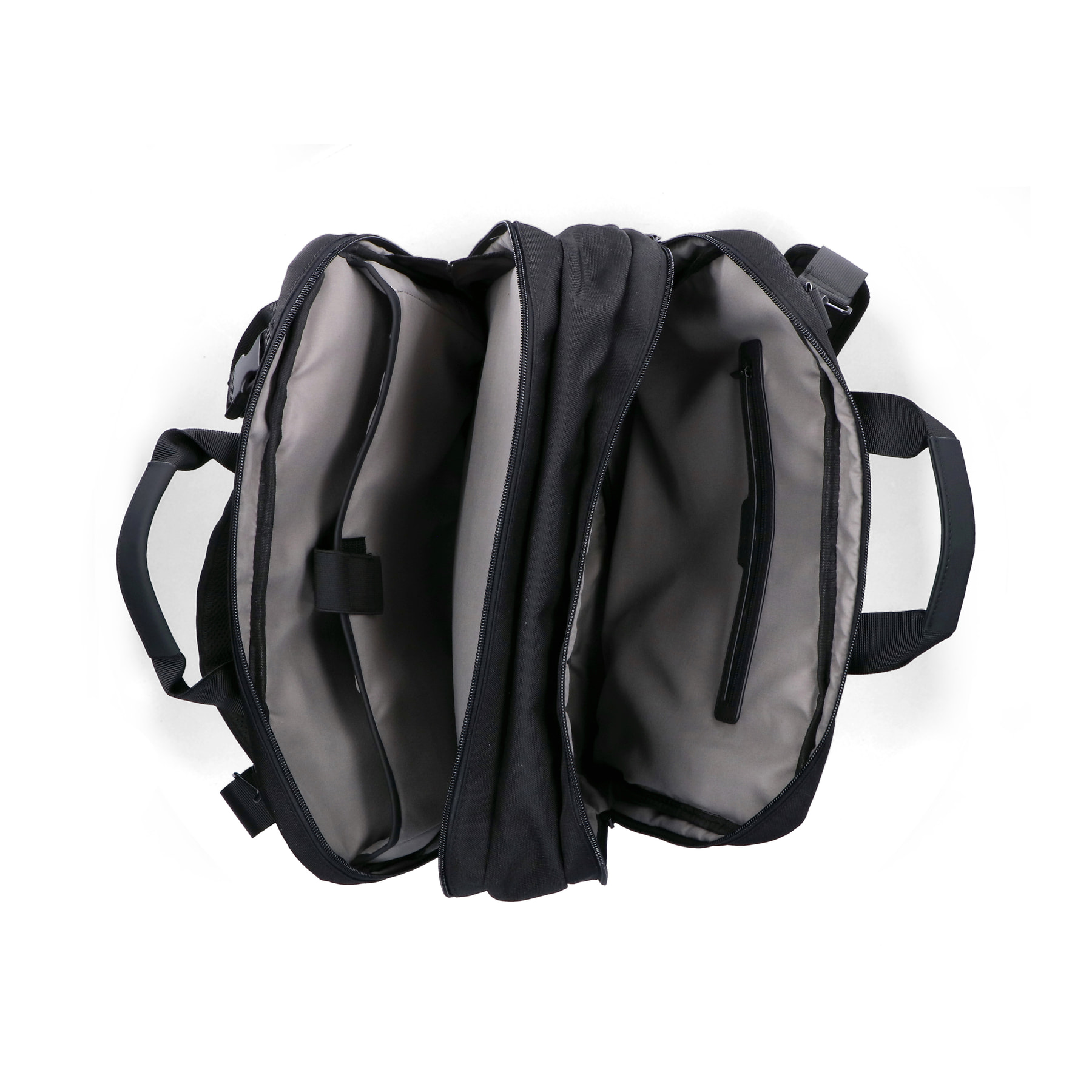 Sac pour ordinateur portable Rieker H5200-02 noir avec fermeture éclair, compartiment rembourré pour ordinateur portable et bretelles amovibles. Ouvert.