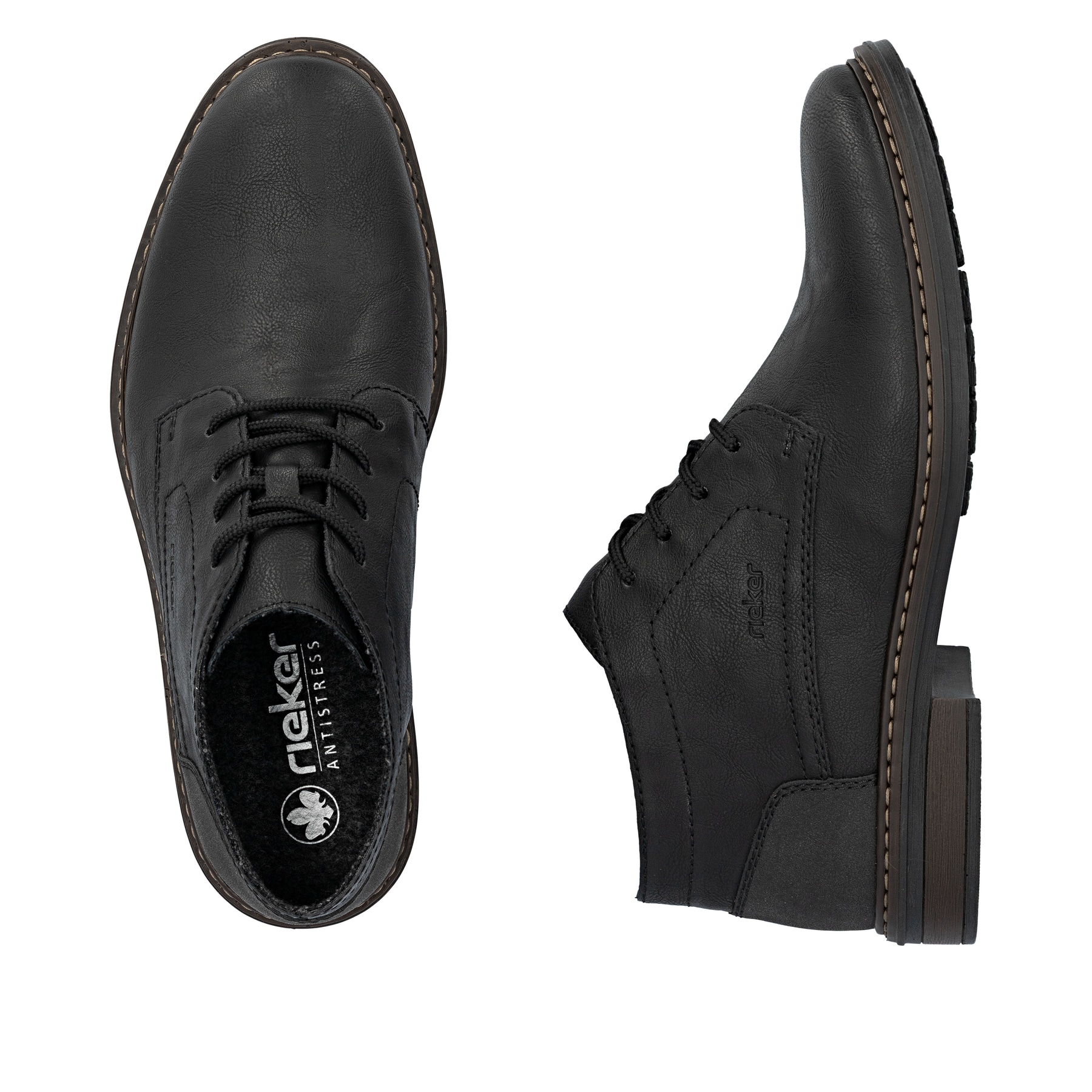 Schwarze Rieker Herren Schnürstiefel 17604-00 mit Schnürung sowie Extraweite H. Schuh von oben, liegend.