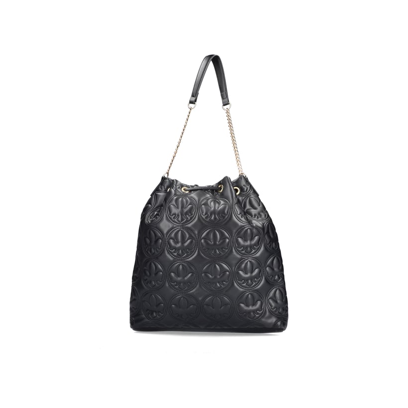 Sac bandoulière Rieker H1023-00 en noir à resserrer avec une chaîne dorée en tant que bandoulière. Côté gauche.