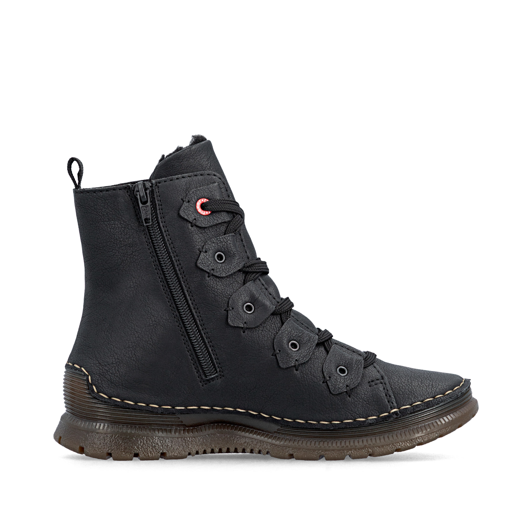 Schwarze Rieker Damen Schnürstiefel 53602-00 mit einem Reißverschluss. Schuh Innenseite.