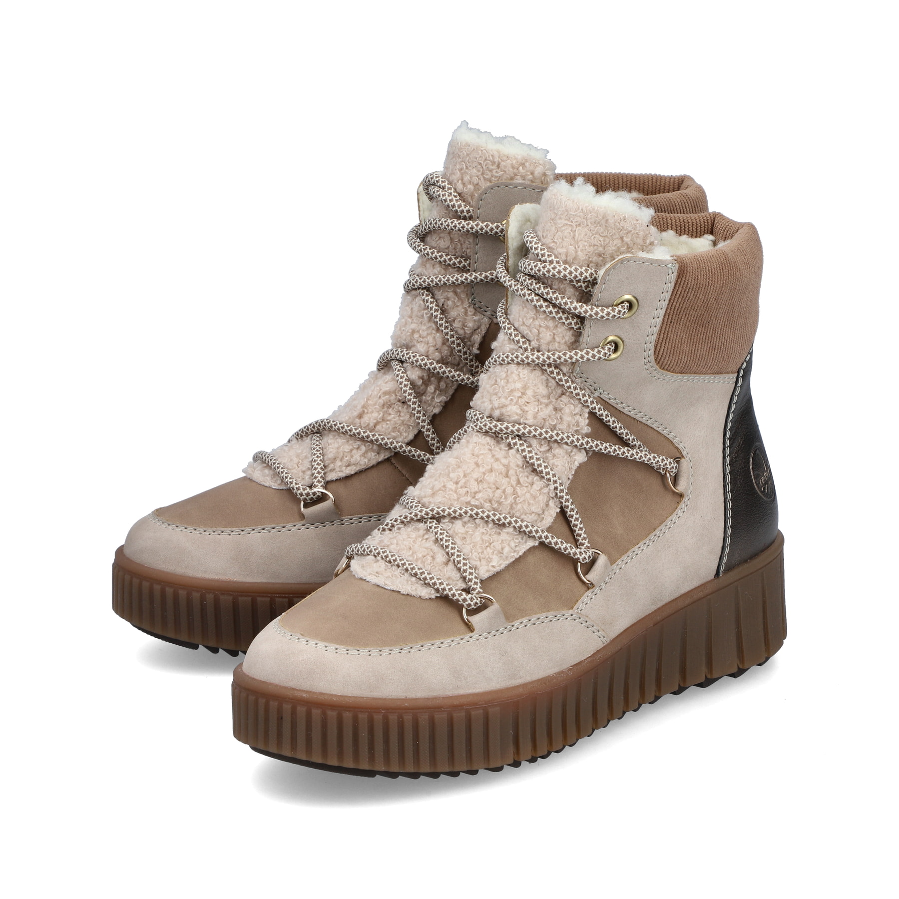 Beige Rieker Damen Schnürstiefel Y6120-60 mit einem Reißverschluss. Schuhpaar seitlich schräg.