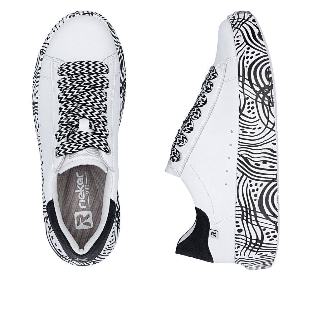 Baskets basses Rieker blanches pour femme W1201-83 en cuir lisse. Chaussure vue de dessus, couchée.