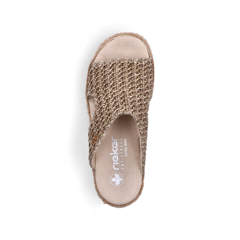 Beige vegane Rieker Damen Pantoletten 69280-60 mit der Extraweite H. Schuh von oben.