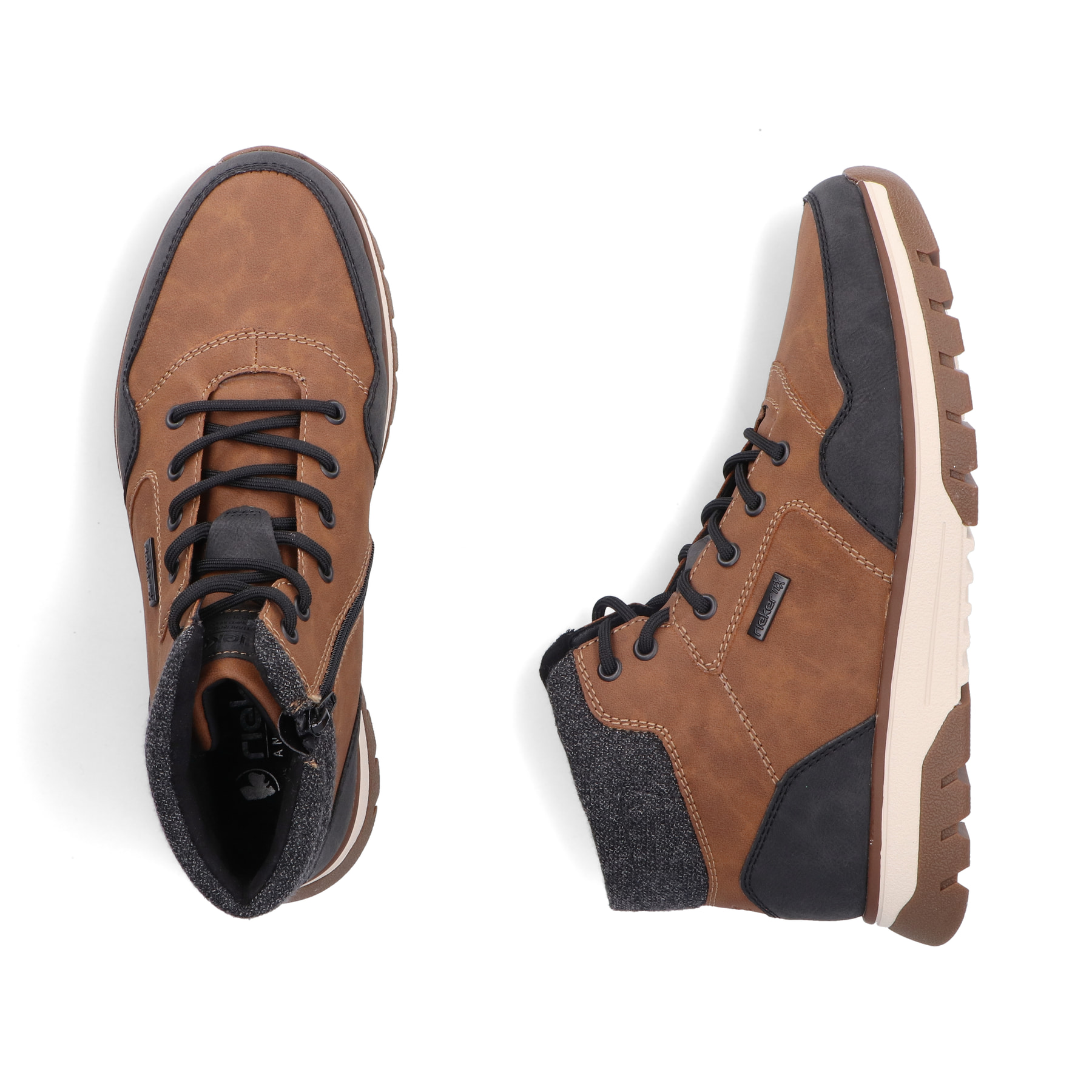 Braune Rieker Herren Schnürstiefel B9340-24 mit wasserabweisender TEX-Membran. Schuh von oben, liegend.