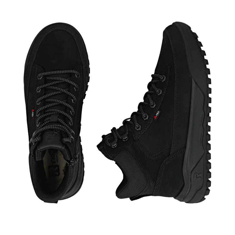 Schwarze Rieker Herren Schnürstiefel U1571-00 mit wasserabweisender TEX-Membran. Schuh von oben, liegend.
