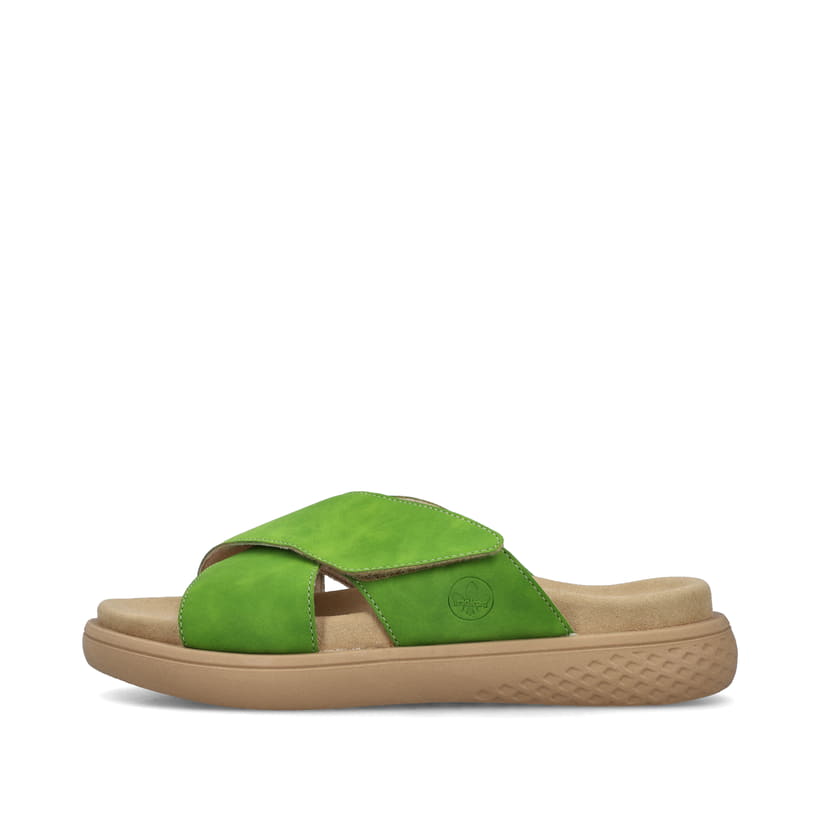 Grüne Rieker Damen Pantoletten V1579-52 mit einem Klettverschluss. Schuh Außenseite.