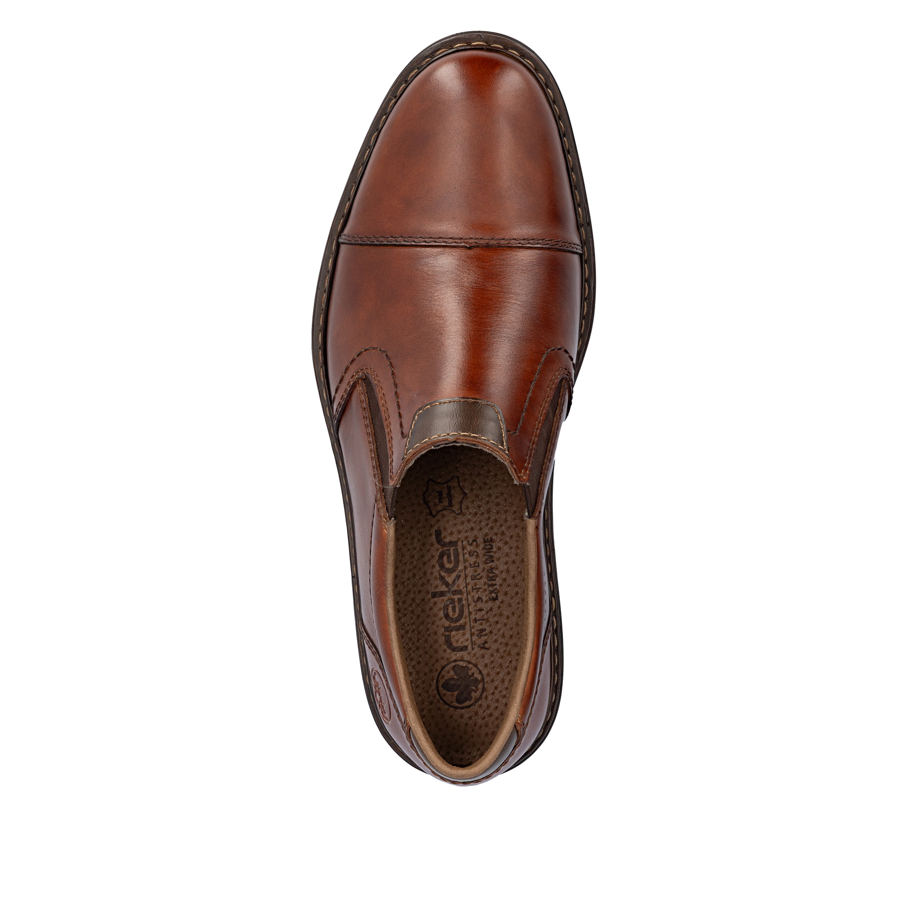 Mocassins Rieker marron homme 17659-23 en cuir lisse avec bande élastique. Chaussure vue de dessus.