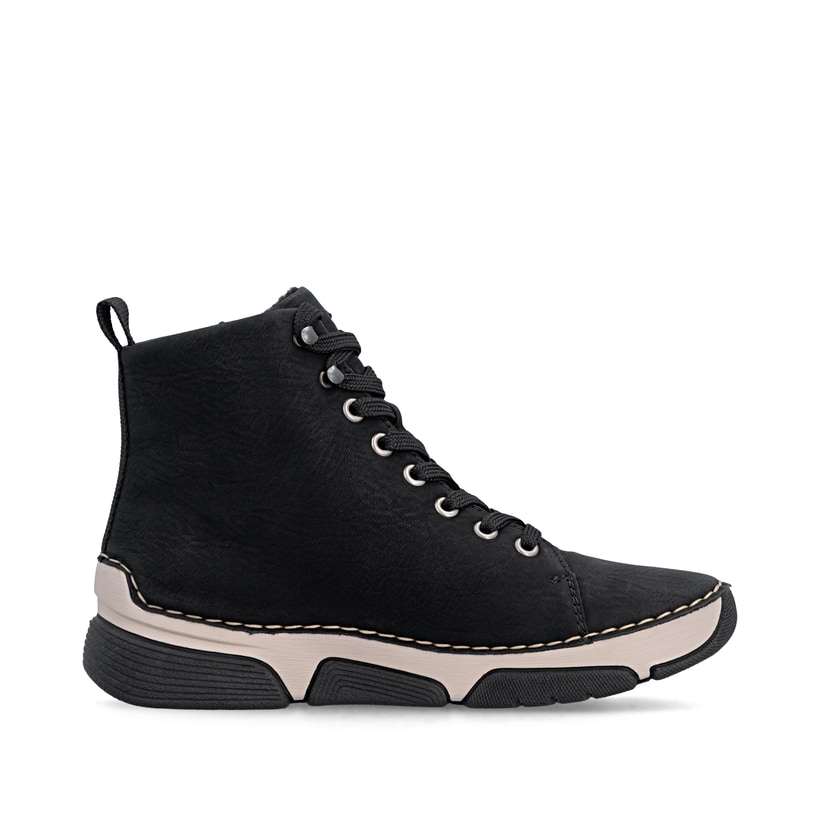 Schwarze Rieker Damen Schnürstiefel 45920-01 mit markanter Anflechter-Naht. Schuh Innenseite.
