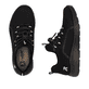 Schwarze Rieker Damen Slipper M5070-00 mit einem Gummizug sowie flexibler Sohle. Schuh von oben, liegend.