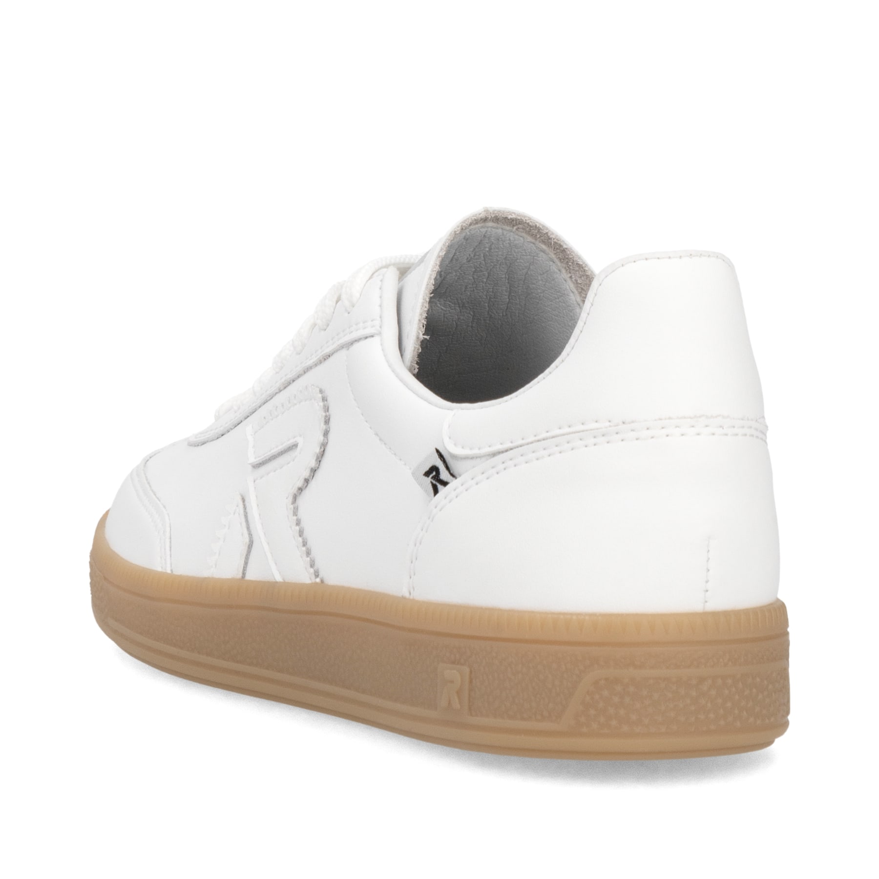 Weiße Rieker Damen Sneaker Low W2200-80 mit Schnürung sowie abriebfester Sohle. Schuh von hinten.