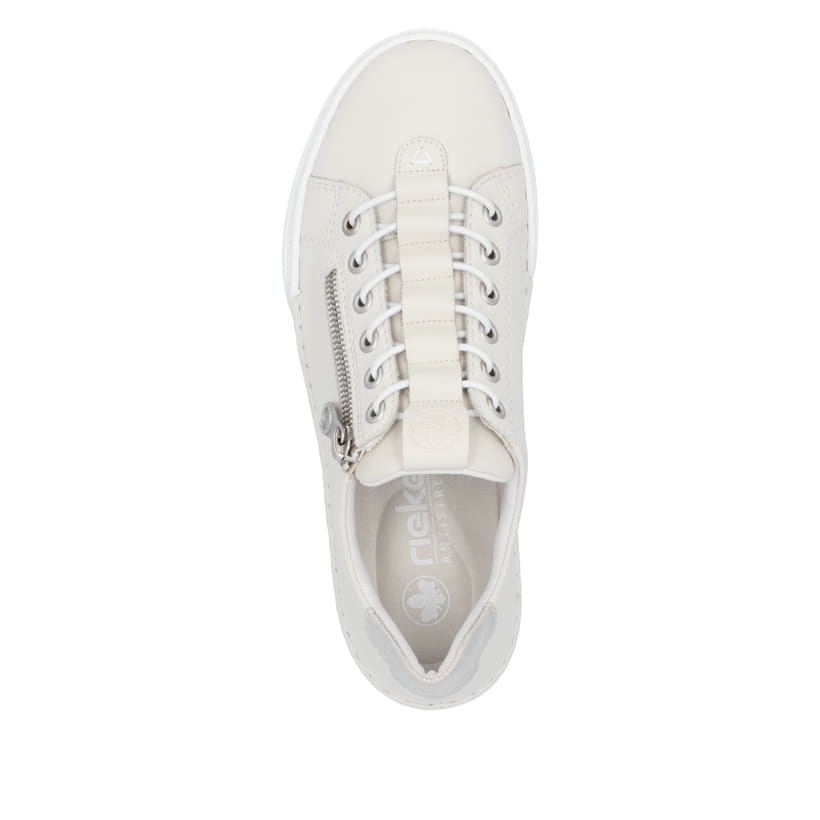 Weiße Rieker Damen Slipper L7250-80 mit einem Reißverschluss. Schuh von oben.