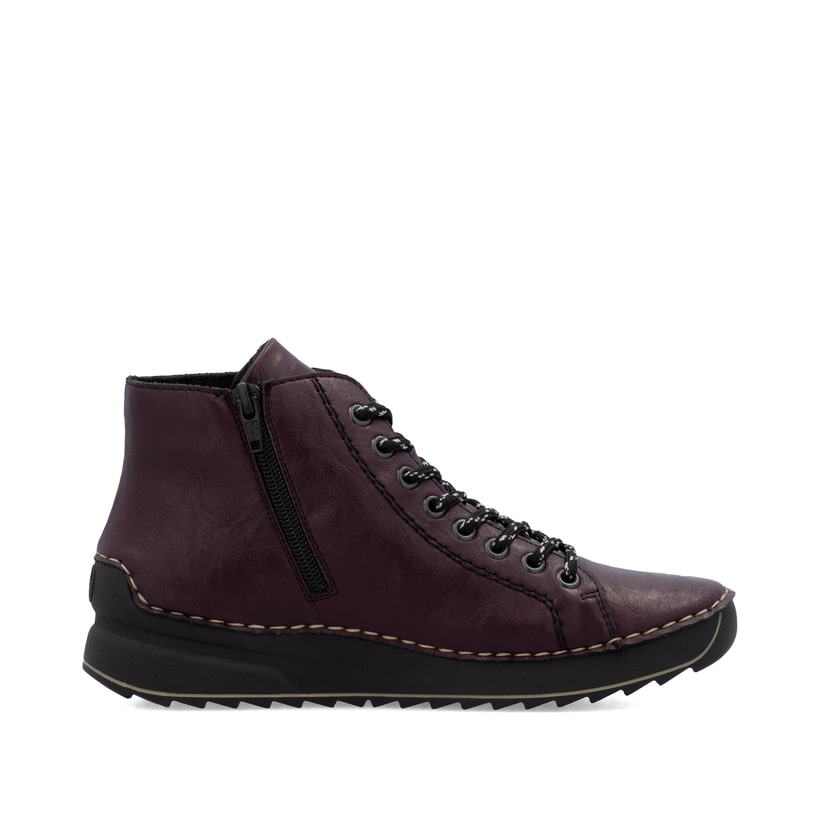 Dunkelrote Rieker Damen Schnürstiefel 71510-30 mit einem Reißverschluss. Schuh von hinten.