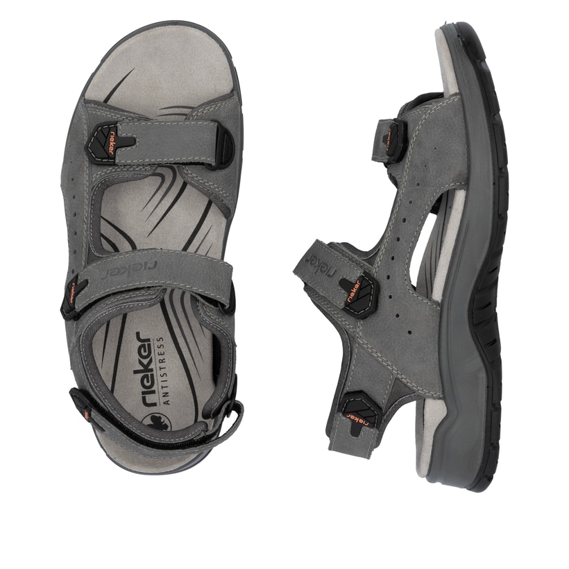 Graue Rieker Herren Trekkingsandalen 26951-40 mit einem Klettverschluss. Schuh von oben, liegend.