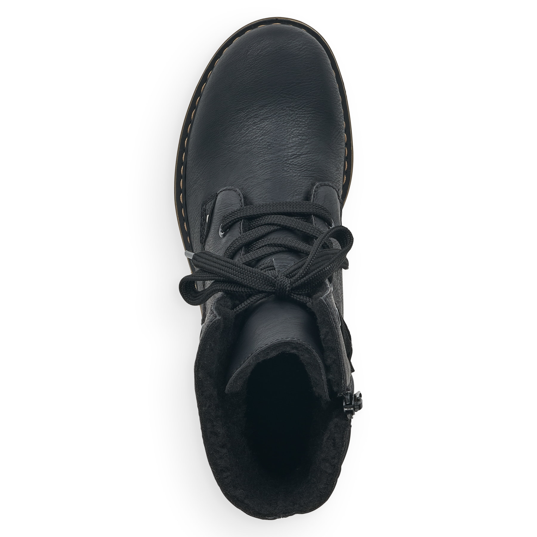 Schwarze Rieker Damen Schnürstiefel 71229-02 mit einem Reißverschluss. Schuh von oben.