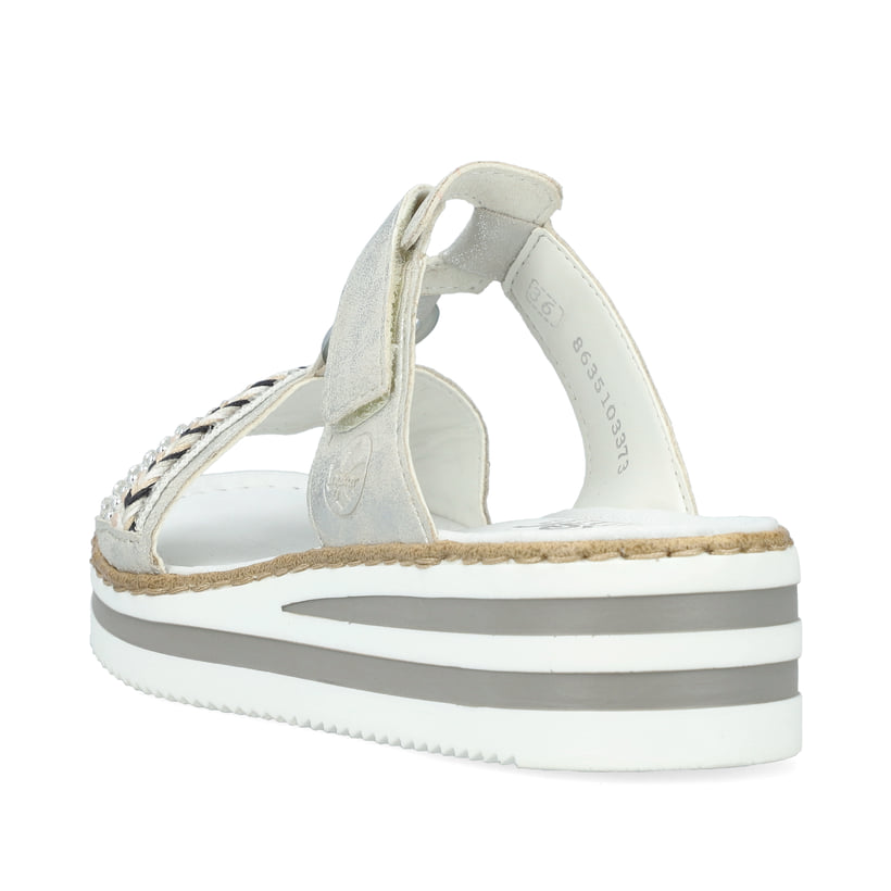 Graue Rieker Damen Pantoletten V02M6-40 mit modischen Flechtelementen. Schuh von hinten.