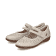 Beige Rieker Ballerinas 47675-60 mit modernen Ziernähten sowie Klettverschluss. Schuhpaar seitlich schräg.