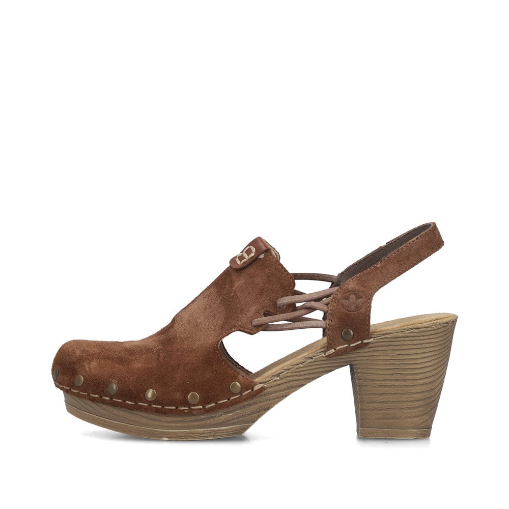 Braune Rieker Slingpumps 66775-24 aus Rauleder mit handgestickten Nähten. Schuh Außenseite.