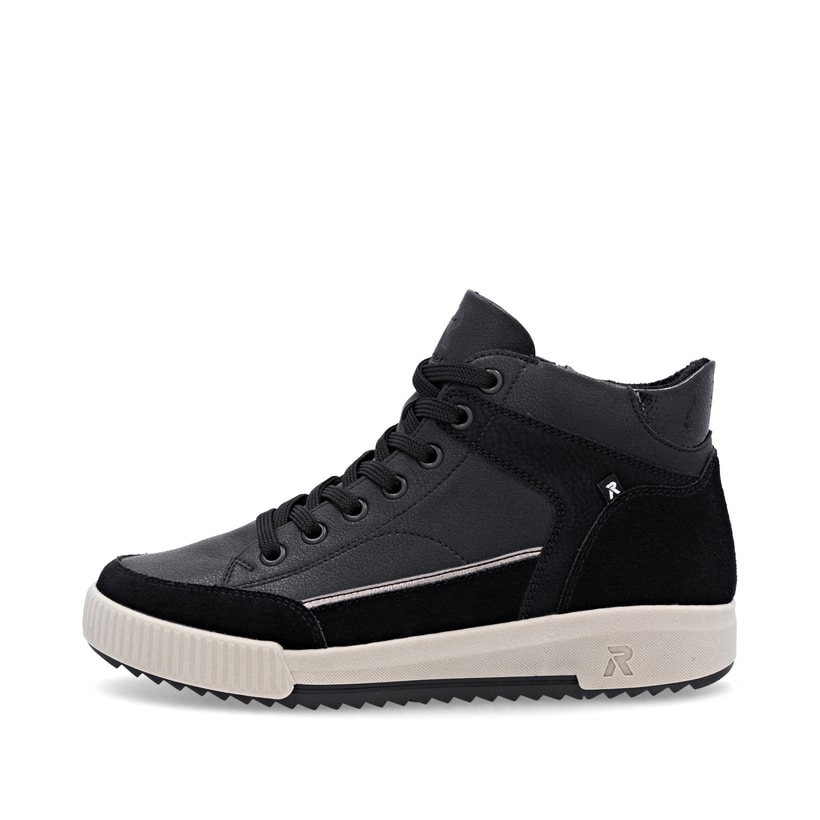Schwarze Rieker Damen Sneaker High W0171-00 aus Glattleder mit Reißverschluss. Schuh Außenseite.