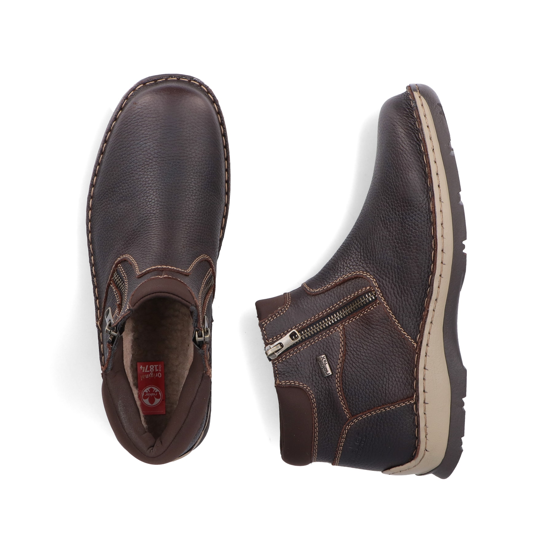 Braune Rieker Herren Kurzstiefel 05362-25 aus Glattleder. Schuh von oben, liegend.