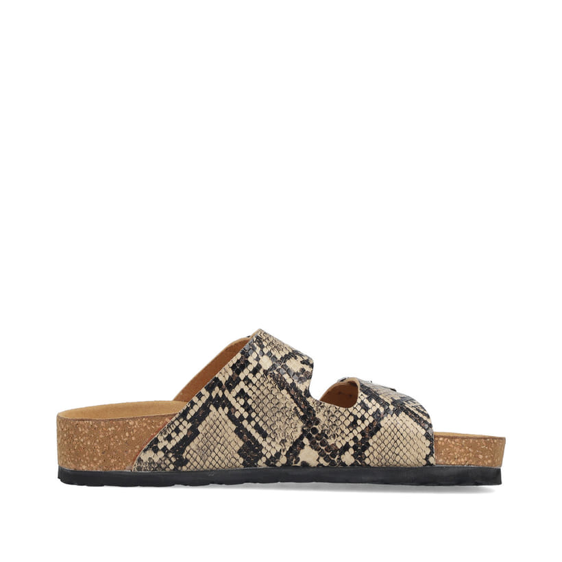 Beige vegane Rieker Damen Pantoletten V6391-20 mit angesagtem Animal-Print. Schuh Innenseite.